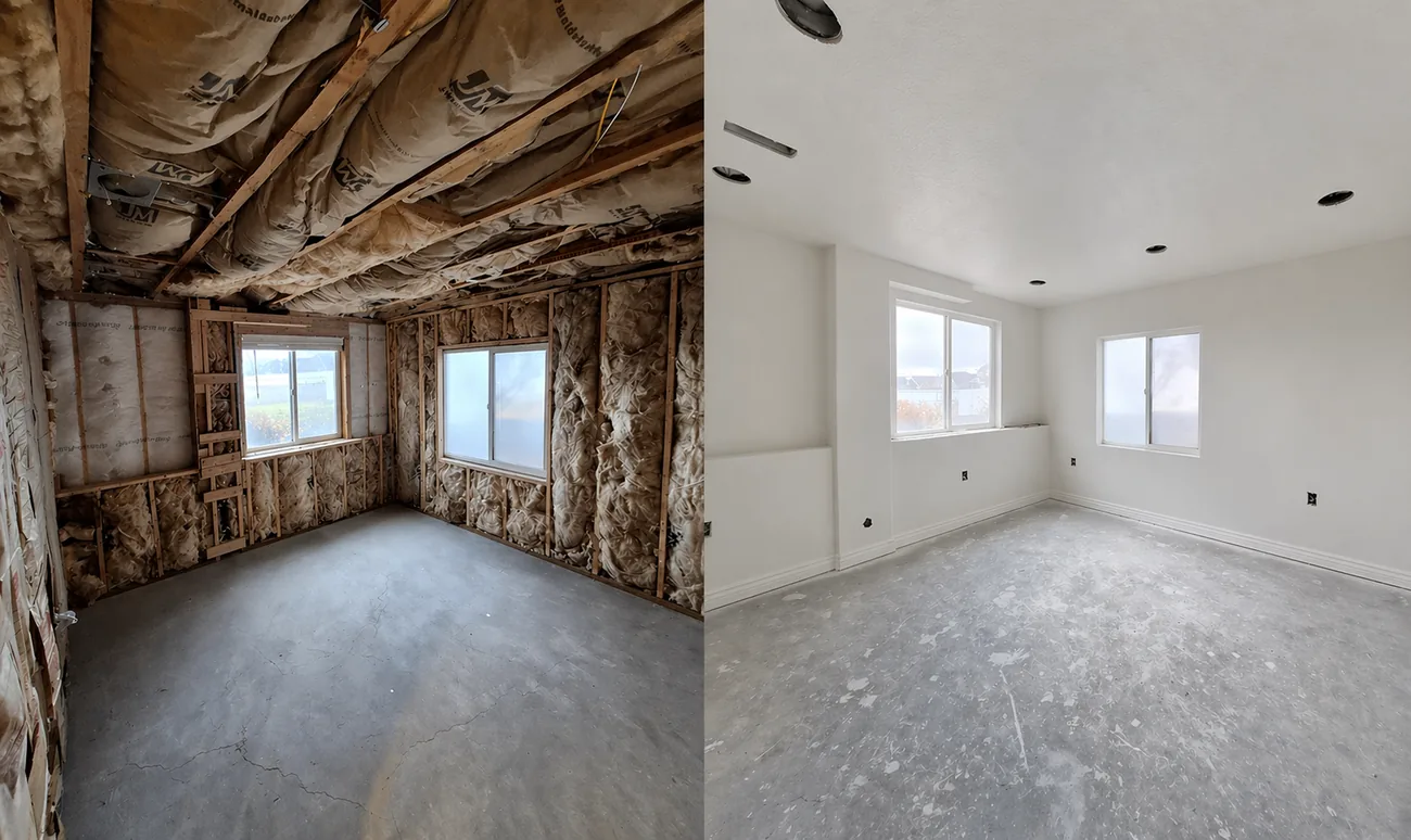 Comparación antes y después de la instalación de drywall